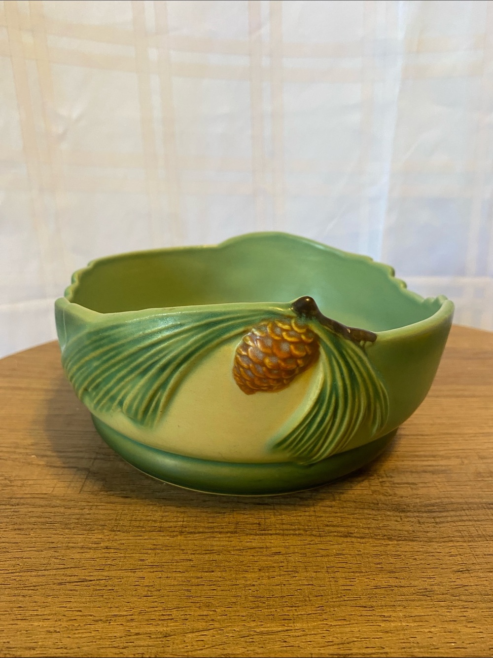 Vintage Roseville USA Pottery Pine Cone and Branch Green Low Bowl Model 426-6